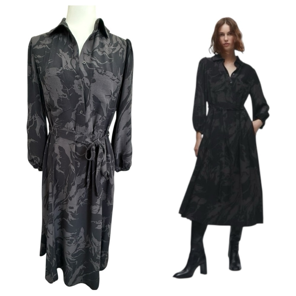 ZARA Tie Waist Shirt Dress Black Gray Abstract Print Midi Pockets Viscose Size L